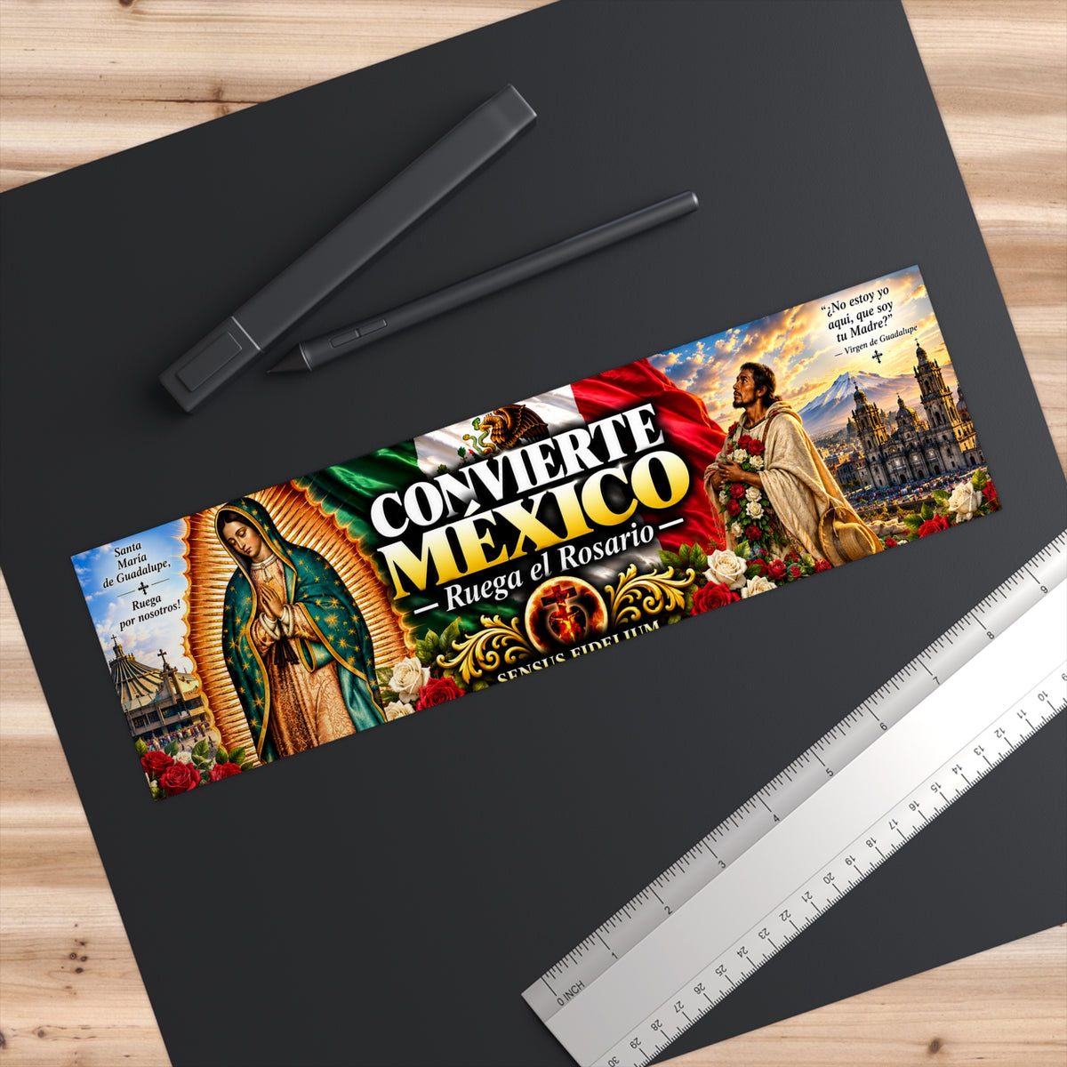“Convierte Mexico, Ruega el Rosario” with Our Lady of Guadalupe & Saint (Spanish)