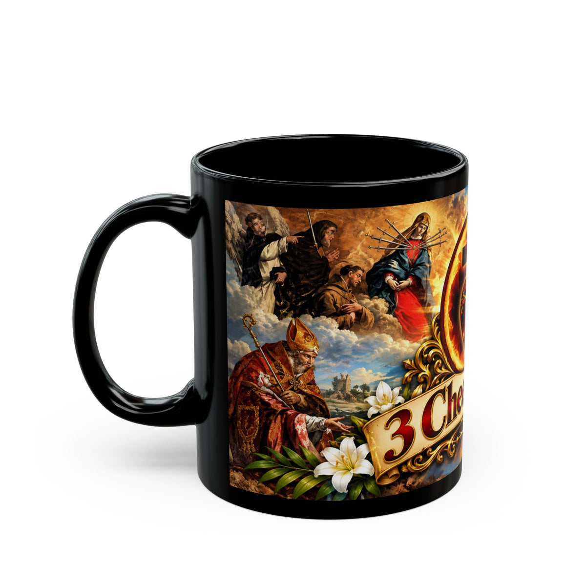 "3 Cheers for Joy" Religious Coffee Mug with Queen of Martyrs Artwork (11oz/15oz)