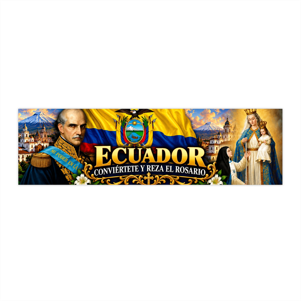 Ecuador Flag Bumper Sticker — "Conviértete y Reza el Rosario" Religious Car Decal
