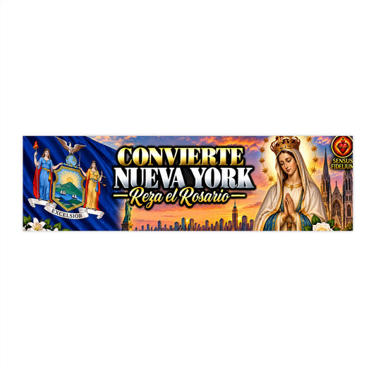 Religious Bumper Sticker — "Convierte Nueva York, Reza el Rosario" (Virgin Mary & NY Skyline)
