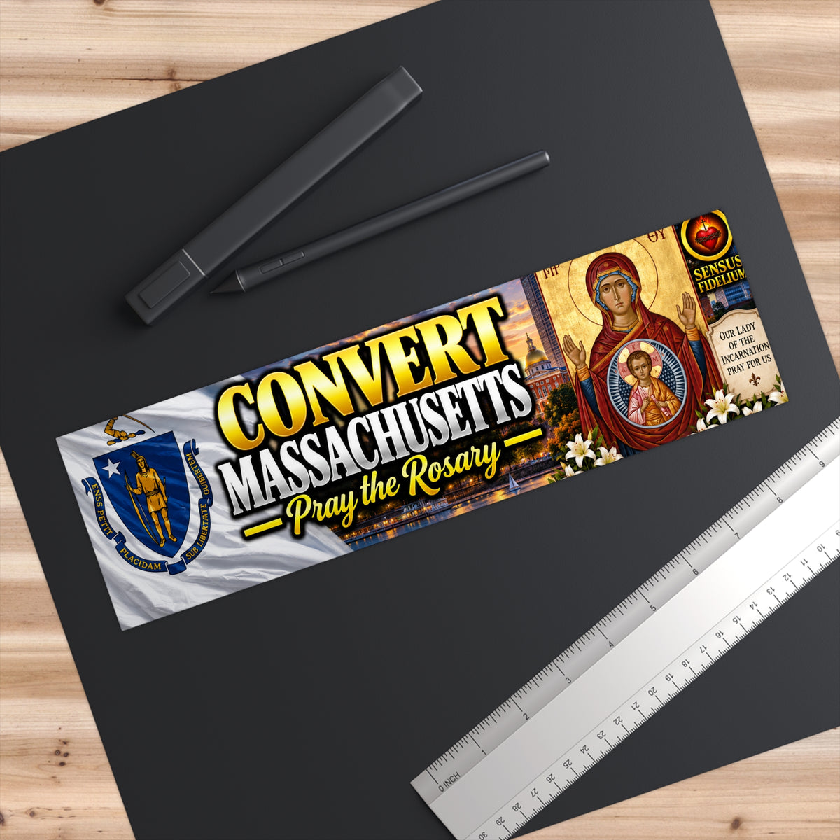Convert Massachusetts Bumper Sticker — Pray the Rosary, Religious Catholic Faith Sticker