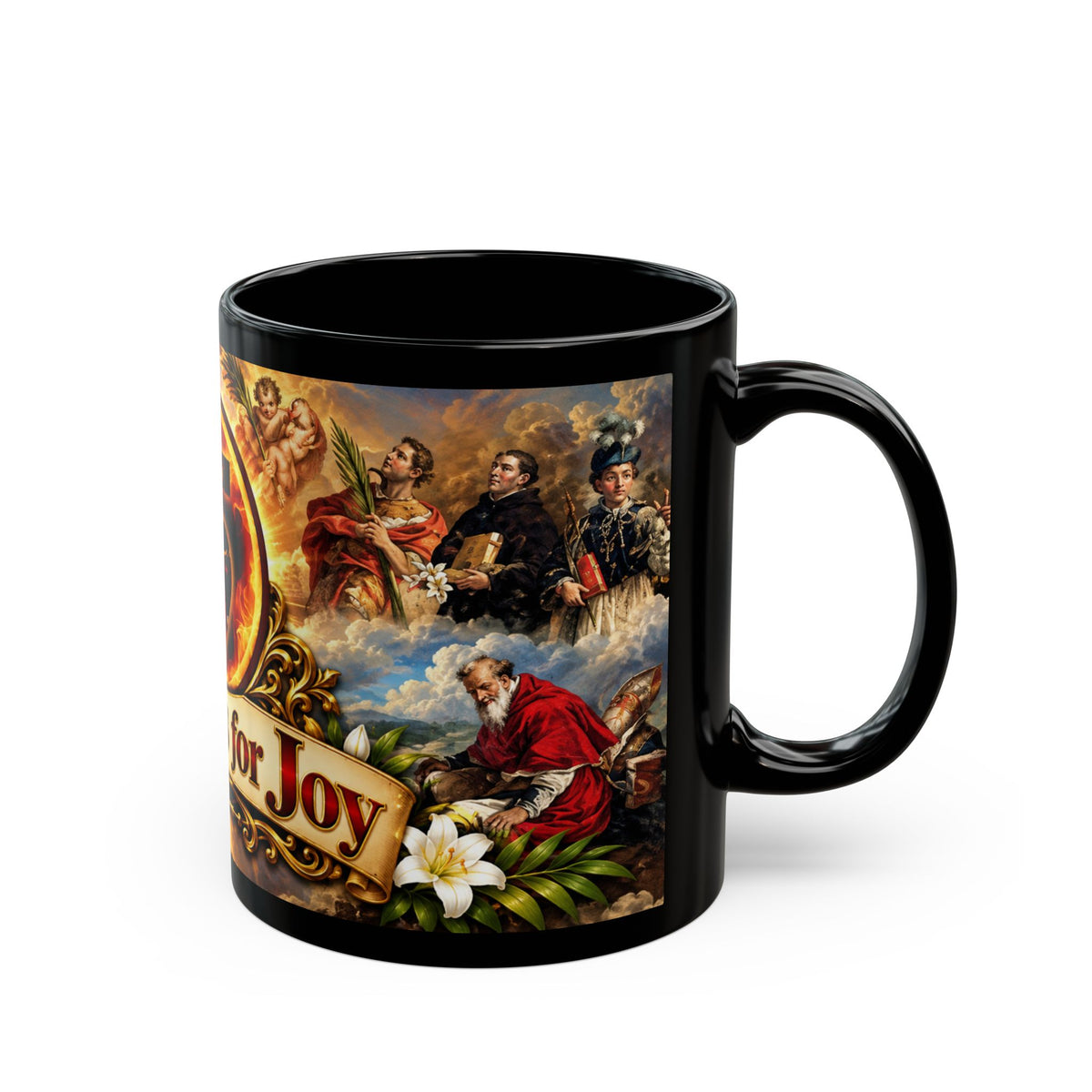 "3 Cheers for Joy" Religious Coffee Mug with Queen of Martyrs Artwork (11oz/15oz)