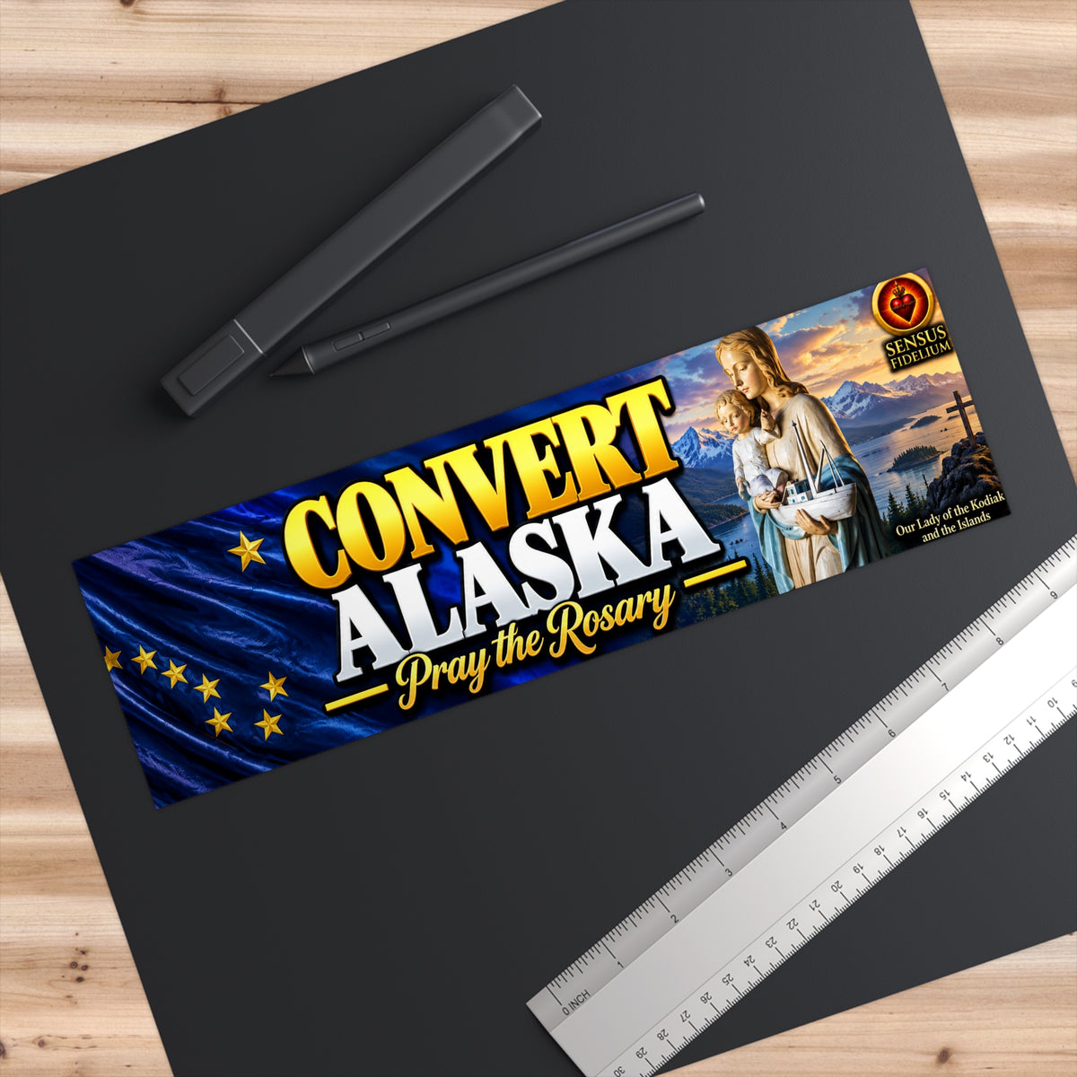 Bumper Sticker — "Convert Alaska: Pray the Rosary" Religious Flag Decal