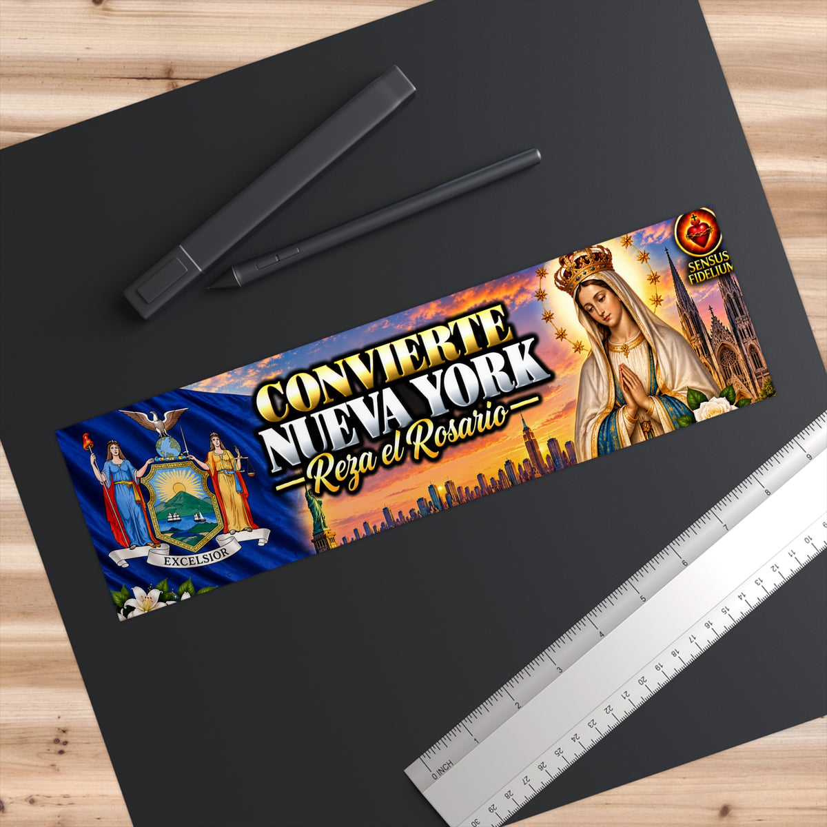 Religious Bumper Sticker — "Convierte Nueva York, Reza el Rosario" (Virgin Mary & NY Skyline)