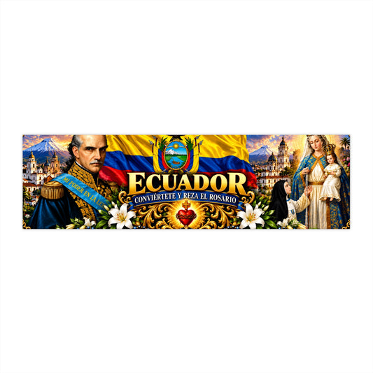 Ecuador Flag Bumper Sticker — "Conviértete y Reza el Rosario" Religious Car Decal