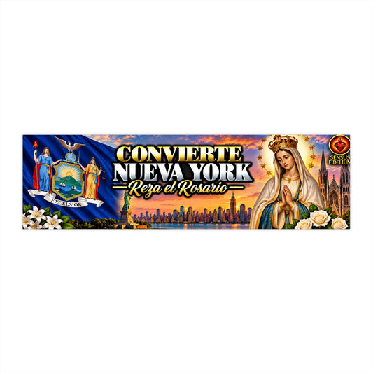Religious Bumper Sticker — "Convierte Nueva York, Reza el Rosario" (Virgin Mary & NY Skyline)