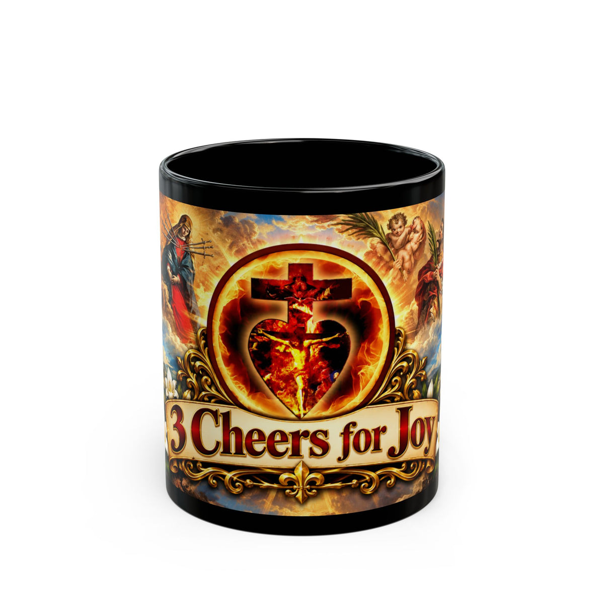 "3 Cheers for Joy" Religious Coffee Mug with Queen of Martyrs Artwork (11oz/15oz)
